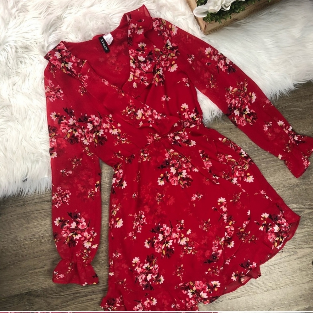 H&M Divided Red Floral Wrap Dress Sz Small